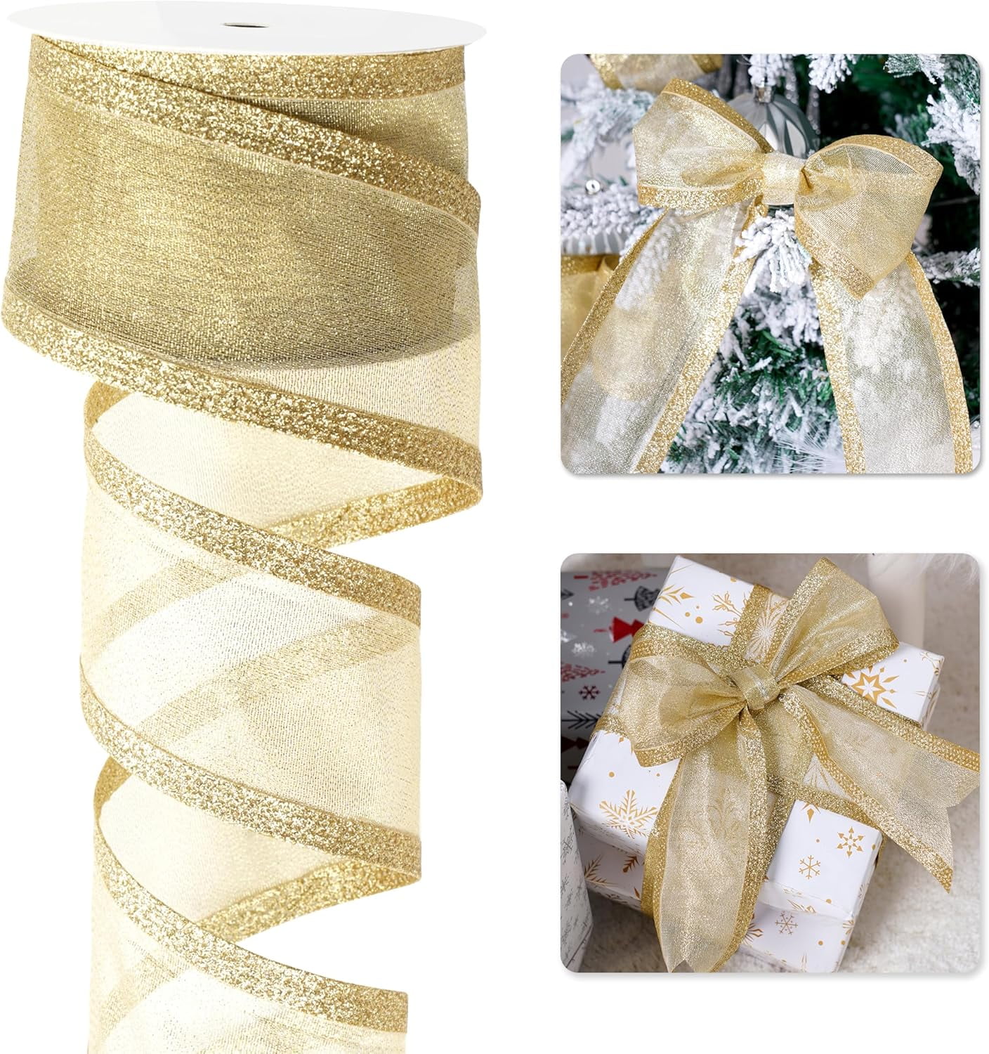 Gold Christmas Ribbon Wired 2.5 Inch Metallic Gold Wired Ribbon with Glitter Stripe, Gold Ribbon for Christmas Tree, Wreaths Supplies, Swag, Garland, Holiday Decor- 10 Yards