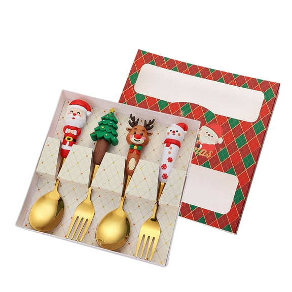 Gold Christmas Spoon Fork Set 2 Spoons 2 Forks Stainless Steel Dessert Cutlery Gift Box For Holiday Party Tableware Elegant Design