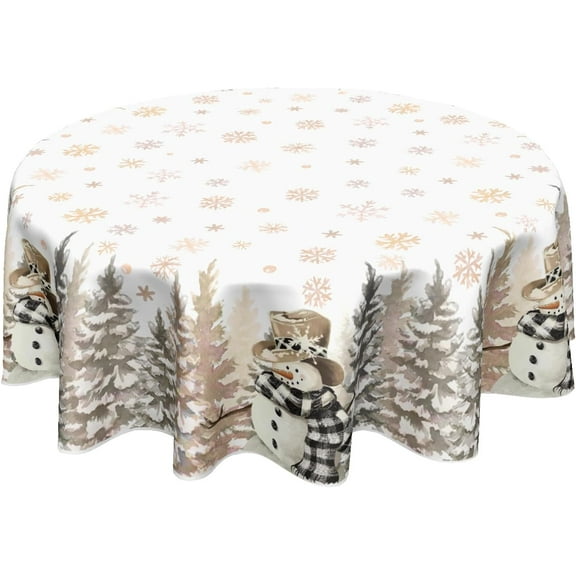 Gold Christmas Tablecloth Round 60 Inch Snowman Snowflake Winter Table Cloth Farmhouse Merry Christmas Table Cover for Kitchen Dinner Room Holiday Party Indoor Outdoor Home Winter Decor