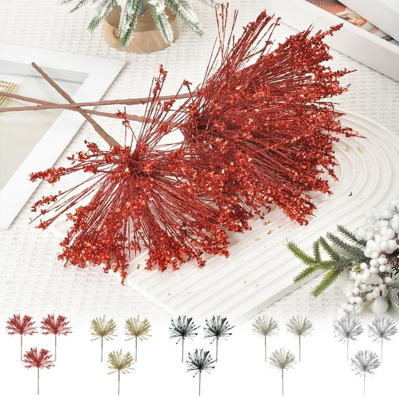 Gold Christmas Tassel Branch, Firecracker Style Bouquet, Plastic Holiday Decor, Flexible Bendable Stems, Festive Home Decoration