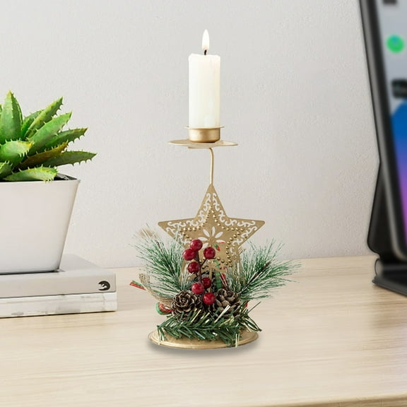 Gold Christmas Tree Candle Holder, Christmas Pillar Candle Holder with Berry, Metal Christmas Tree Candle Holder for Holiday Desktop Decoration, Single & Double Wick Christmas Candle Holder