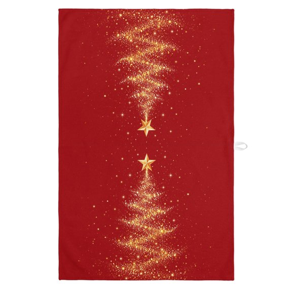 Gold Christmas Tree Kitchen Towels Dish Towel Pack of 1 Winter Glitter Xmas Tree Sparkles Red Background Soft Dish Cloth Set Absorbent Dishcloth for Drying Dishes, Hand Towels 18 x 28 Inches