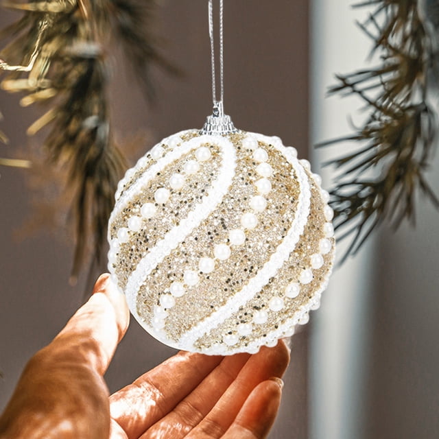 Gold Christmas Tree Ornaments 8cm - 2PC Glitter Snowball Decor with Bead Accents, Shatterproof Plastic Hanging Pendants for Holiday Decorating