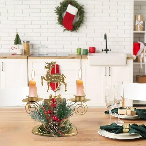 Gold Christmas Tree Pillar Candle Holder with Berry & Pine Nut, 2 Wick Candle Holder for Holiday Desktop Decoration, Metal Decor