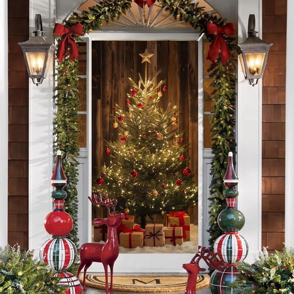Gold Christmas Tree Printed Door Cover for Holiday Decor