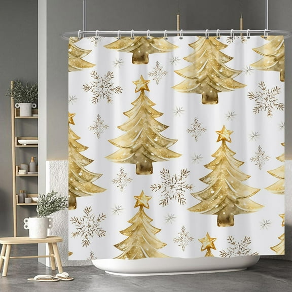 Gold Christmas Tree Shower Curtain for Bathroom Glitters Xmas Holiday Big Snowflake Shower Curtain Set Family Bathroom Decorations Waterproof Fabric Shower Curtain with Hooks 72x72 Inches