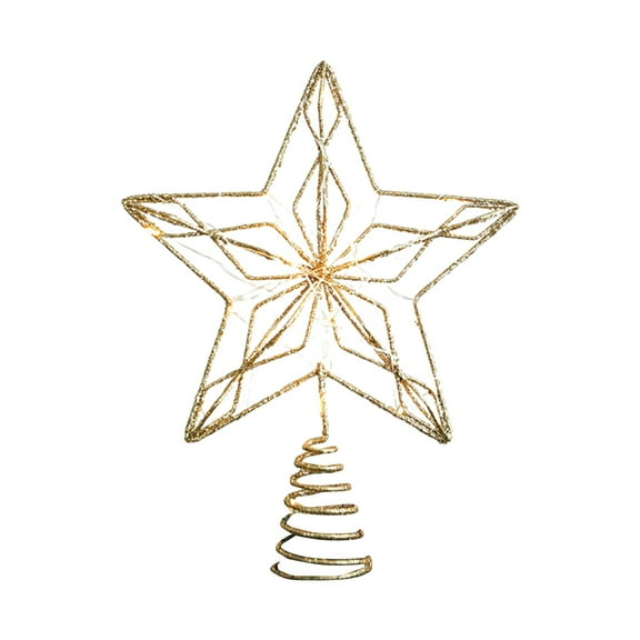 Gold Christmas Tree Topper,9.84×7.87inch Hollow-Out Star Tree Topper with Warm White Lights,Pre-lit 5 Point Star Treetop,Lighted Wire Star with Lights for Christmas Tree Home Decoration