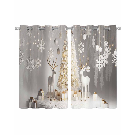 Gold Christmas Trees Elk Sheer Curtains 39 Inch Length 2 Panels Set for Living Room/Bedroom, Xmas Snowflakes Balls Grey Kitchen Curtains Grommet Semi-Sheer Curtains Window Treatments 27.5"x39"x2
