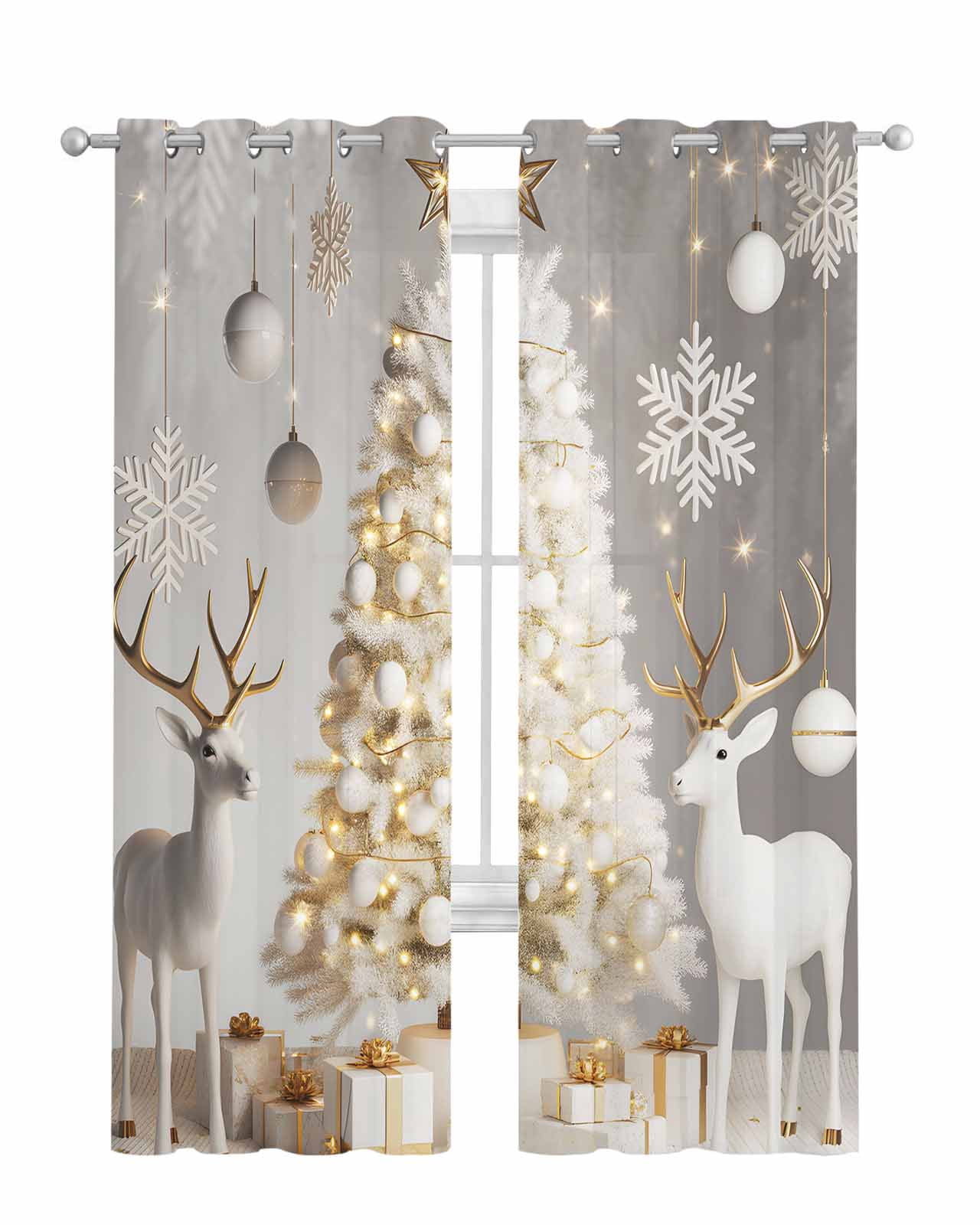 Gold Christmas Trees Elk Sheer Curtains 63 Inch Length 2 Panels Set for ...
