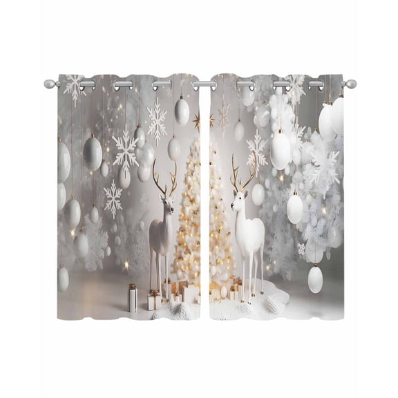 Gold Christmas Trees Sheer Curtains 39 Inch Length 2 Panels Set for Living Room/Bedroom, Xmas Elk Snowflakes Balls Gray Kitchen Curtains Grommet Semi-Sheer Curtains Window Treatments 27.5"x39"x2