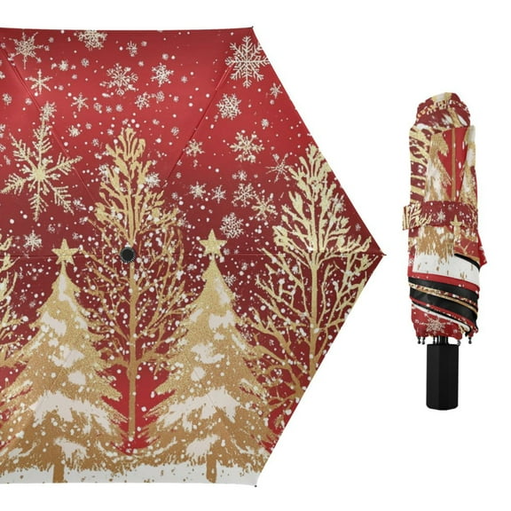 Gold Christmas Trees Snowflakes All Weather Umbrella Triple Folding Parasol 6 Ribs UV Protection Portable