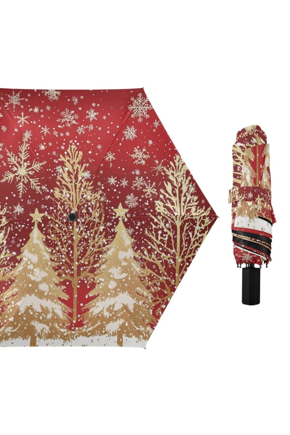Gold Christmas Trees Snowflakes All Weather Umbrella Triple Folding Parasol 6 Ribs UV Protection Portable