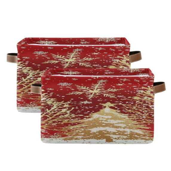 Gold Christmas Trees Snowflakes Square Storage Bins with Handles Collapsible Containing Box 2 Packs