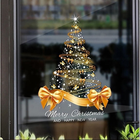 Gold Christmas Xmas Tree Art Decals Bow Window Stickers Wall Home Shop Decor-S