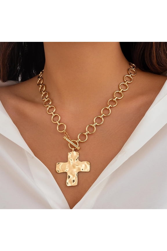 Gold Chunky Cross Necklace for Women Statement Cross Pendant Necklace Layered Hammered Bold Cross Necklace Vintage Toggle Clasp Necklace Jewelry