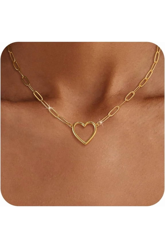 Gold Chunky Necklaces for Women 14K Gold/Silver Plated Chain Toggle Clasp Necklace Dainty Heart Pendant Paperclip Necklace Evil Eye Choker Necklace For Women