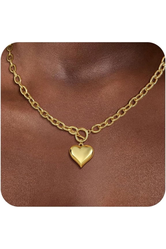 Gold Chunky Necklaces for Women 14K Gold/Silver Plated Chain Toggle Clasp Necklace Dainty Heart Pendant Paperclip Necklace Evil Eye Choker Necklace For Women