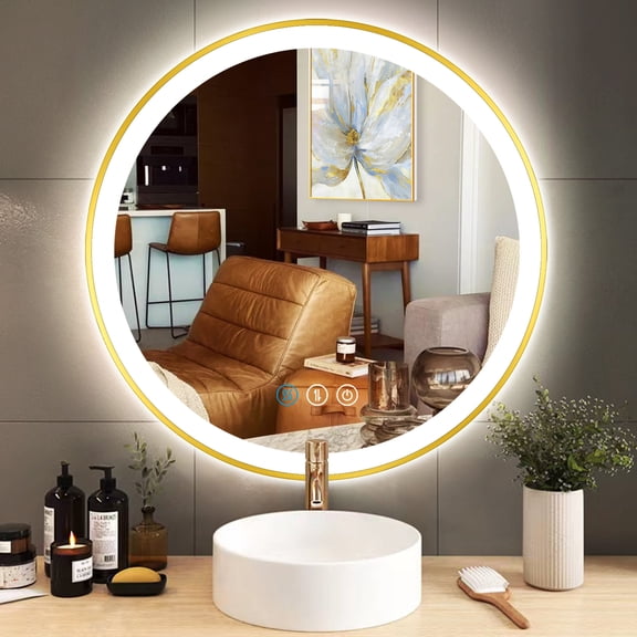 Gold Circle Led Mirror with Lights 20" Metal Framed Round Circle Lighted Bathroom Vanity Mirror Wall Mounted Round Vanity Lighted Mirrors 3 Color Dimmable Anti Fog Bathroom Light up Smart Mirror