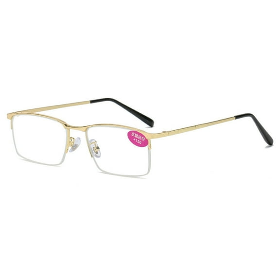 Gold Classic Half Rimless Reading Glasses Rectangle Business Readers Metal for Men Crystal Anti Scratch Lenses HD +3.00