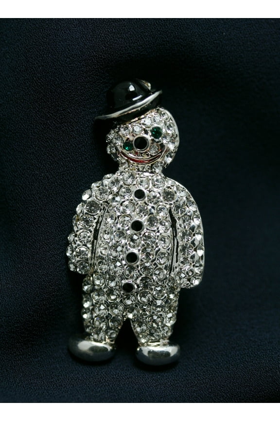 Silver Snowman Crystal Lapel Pin, Winter Holiday Christmas