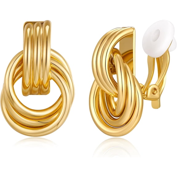 Gold Clip On Earrings for Women Gold Plated Geometric Knot Ear Clip Chunky Door Knocker Studs Earrings Trendy Jewelry