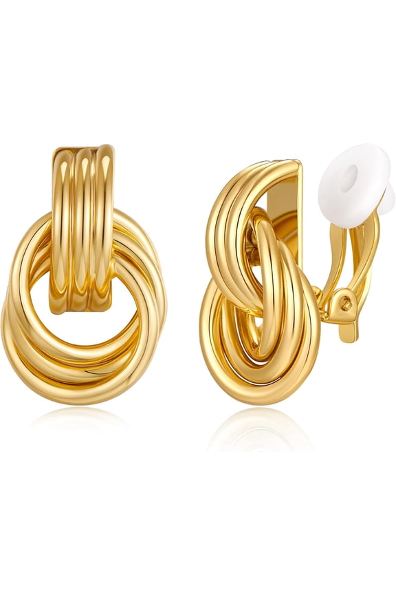 Gold Clip On Earrings for Women Gold Plated Geometric Knot Ear Clip Chunky Door Knocker Studs Earrings Trendy Jewelry