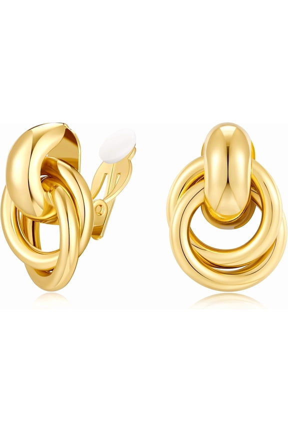 Gold Clip On Earrings for Women Gold Plated Geometric Knot Ear Clip Chunky Door Knocker Studs Earrings Trendy Jewelry