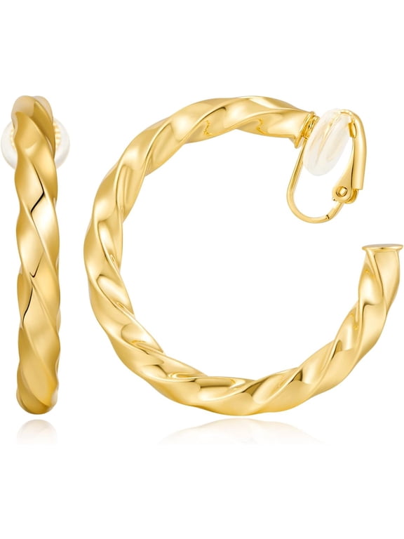 Gold Clip On Hoop Earrings for Women - Classic Large Chunky Hoops - Non Pierced Minimalistic Clip Earrings