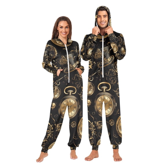 Gold Clocks Machines Adult Onesie Pajamas Slim Fit Christmas One Piece Suit Pjs for Women and Men Hooded Zipper