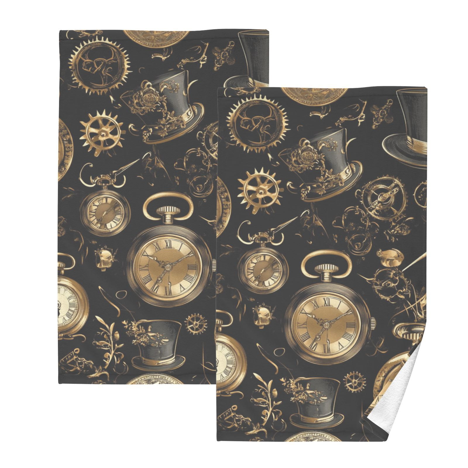 Gold Clocks Machines Hand Towels Cotton Bath Towels Large Face Towels Absorbent for Bathroom 2 Packs