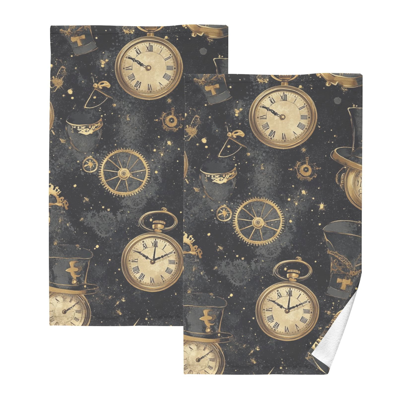 Gold Clocks Machines Hats Hand Towels Cotton Bath Towels Large Face Towels Absorbent for Bathroom 2 Packs