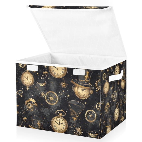 Gold Clocks Machines Hats Storage Basket for Shelves Foldable Container Organizer for Organizing Toys Clothes Books with Handles