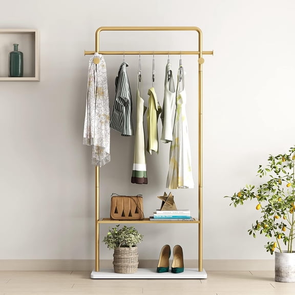 Gold Clothes Racks with Shelf  Heavy Duty Gold Clothing Racks for Boutiques  -Standing Metal Garment Rack for Hanging Clothes  Modern Coat Rack Entryway