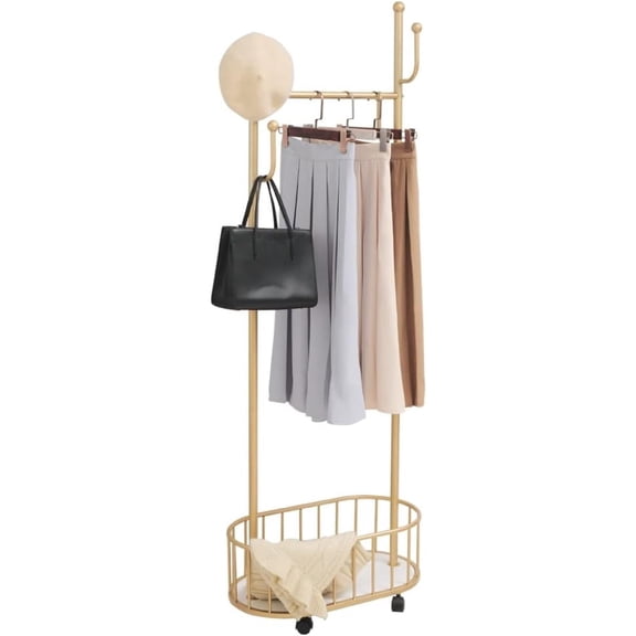Gold Clothing Rack with Wheels Rolling Clothes Rack with Storage Basket Metal Moveable Coat Rack Stand Modern Garment Rack for Hanging Clothes for Bedroom Boutiques Heavy Duty Coat Hanger Rack