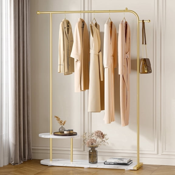 melmine Gold Clothing Rack with Shelves,46"W Heavy Duty Metal Garment Rack with a Display Stand for Bedroom,Entryway,Boutique Display