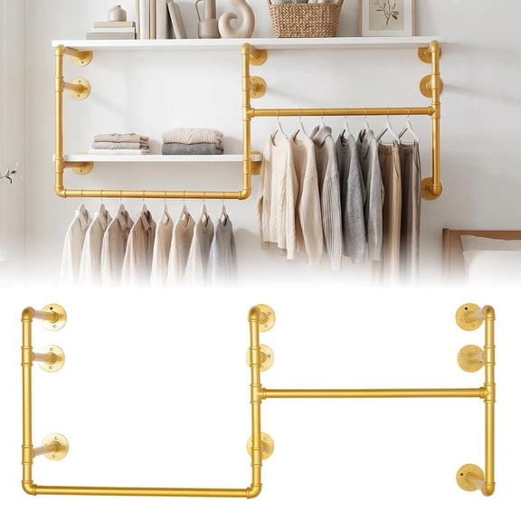 Gold Clothing Racks Wall Mount Clothes Rack, Heavy Duty Industrial Pipe Clothing Rack Retail Display Hangings Rod for Closet Storage, Laundry Room