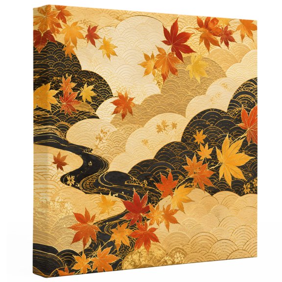 Gold Cloud Canvas Wall Art for Living Room, Red Maple Leaf Amber Golden Black Wavy River Poster Print Painting for Nightstand Bathroom Collage Decoration Wall Pictures Prepare To Hang 8"x8"