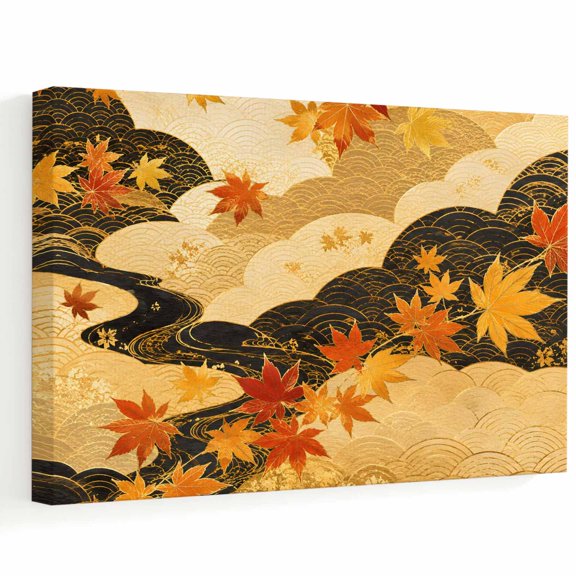 Gold Cloud Canvas Wall Art, Red Maple Leaf Amber Golden Black Wavy River Wooden‑Stretched Canvas Print Artwork, Home Wall Decor for Living Room Bedroom Office 10"Lx8"W