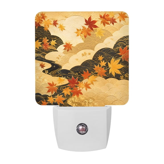 Gold Cloud Night Lights, Red Maple Leaf Amber Golden Black Wavy River Smart Auto Dusk to Dawn Sensor Nightlights Plug-in Nightlight for Bedroom Bathroom Living Room Kitchen Hallway