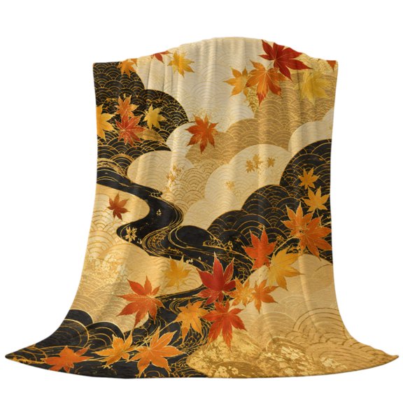 Gold Cloud Throw Flannel Blanket Red Maple Leaf Amber Golden Black Wavy River Super Soft Cozy Bed Blanket, Lightweight Plush Fuzzy Bed Throw for Bedroom Sofa Couch Living Room 30x40in