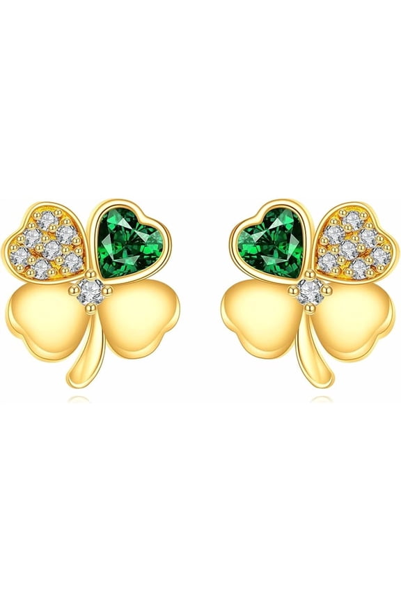 Gold Clover Stud Earrings 14K Gold Celtic Shamrock Leverback Earrings Irish Good Lucky Jewelry for Women