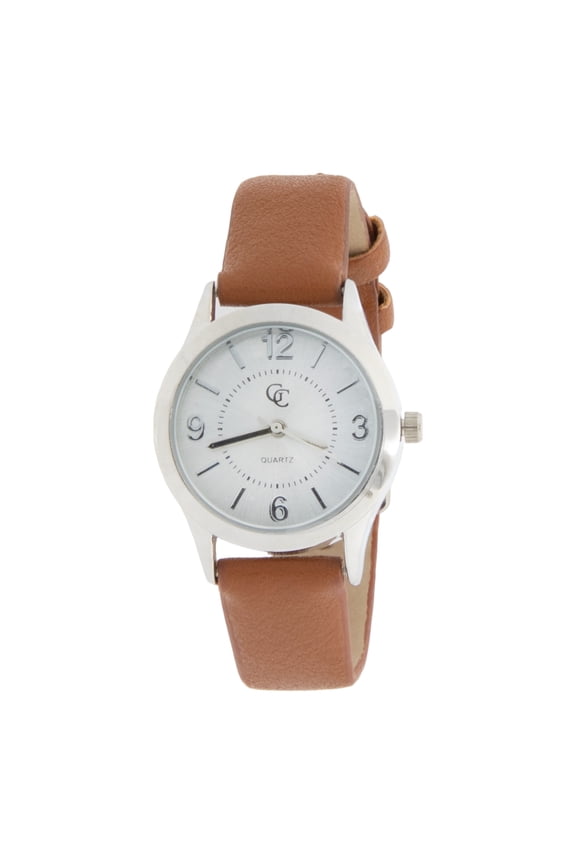 30mm Women's Cognac Brown Faux Leather Strap Watch