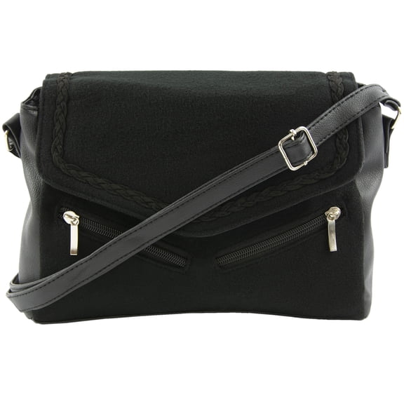 Gold Coast Black Faux Leather and Felt Fold-Over Crossbody Handbag
