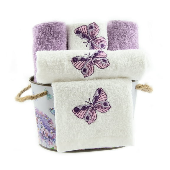 Gold Coast Butterfly Garden Embroidered Cotton Washcloth Set with Decorative Tin