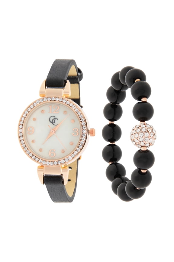 Elegant Rose Gold and Black Women's Watch and Beaded Bracelet Set