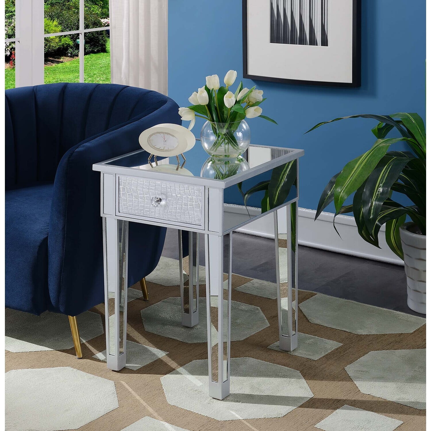 Silver Mirrored Glass and Gray Wood End Table with Drawer