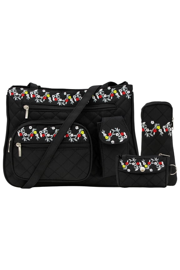 Floral Embroidered Quilted Microfiber Handbag Accessory Set in Black