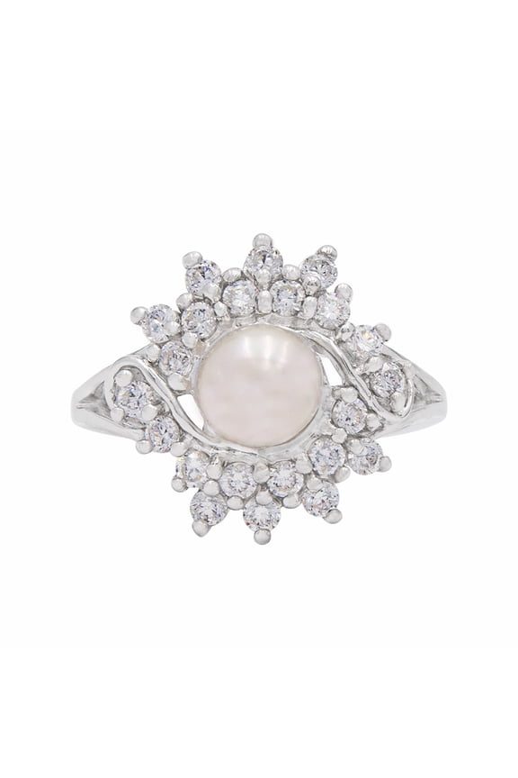 Freshwater Pearl Cubic Zirconia Sunburst Platinum Plated Ring, Size 9