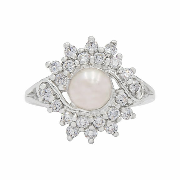 Gold Coast Freshwater Pearl Cubic Zirconia Sunburst Platinum Plated Ring, Size 9