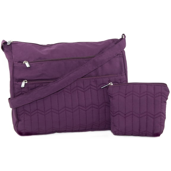 Gold Coast Quilted Multi-Pocket Plum Shoulder Bag and Matching Cosmetic Pouch